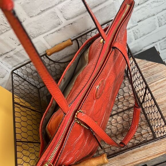 Coach Embossed Patent Leather Tote Bag Purse Orange Red Shoulder Bag - Picture 6 of 8